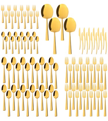 LIFE SMILE Cutlery Set, 18/10 Pure Stainless Steel Flatware Set with Stand, Rust Proof &amp; Fade Proof Dinnerware Set (SHINE GOLD, 88 Pieces)