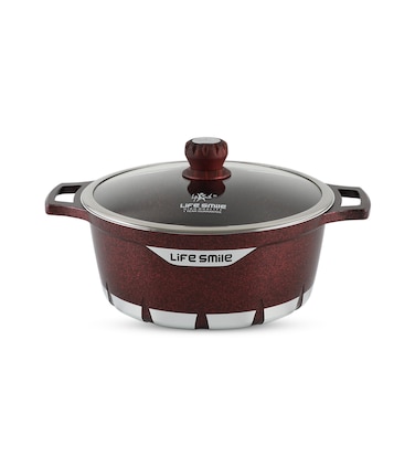 LIFE SMILE Cooking Pot   Aluminum Soup Pot With Glass Lid   100% PFOA Free, Fixed Handle   Multi Layer Non-Stick Granite Coating   oven safe &amp; Scratch Resistant (32CM (9.5 Liters), Red)