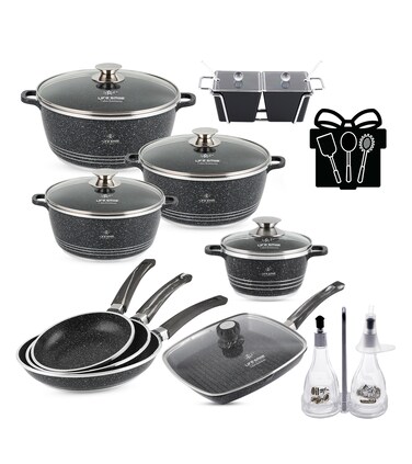 LIFE SMILE Cookware Set Granite Stone - Pots and Pans set Multi Layer Granite Non Stick Coating Cookware Sets 100% PFOA FREE, Oven Safe Cooking Sets (Black, 20 Pieces)