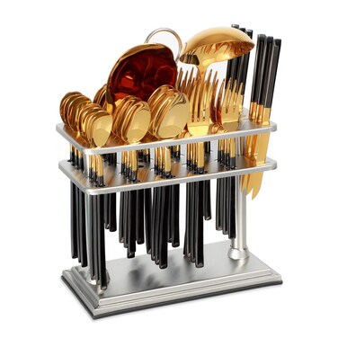 LIFE SMILE Cutlery Set, 18/10 Pure Stainless Steel Flatware Set with Stand, Rust Proof &amp; Fade Proof Dinnerware Set (SHINY GOLD HEAD &amp; SHINY BLACK HANDLE, 38 Pieces)