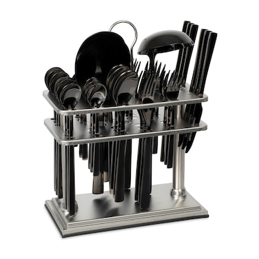 LIFE SMILE Cutlery Set, 18/10 Pure Stainless Steel Flatware Set with Stand, Rust Proof &amp; Fade Proof Dinnerware Set (SHINE BLACK, 38 Pieces)