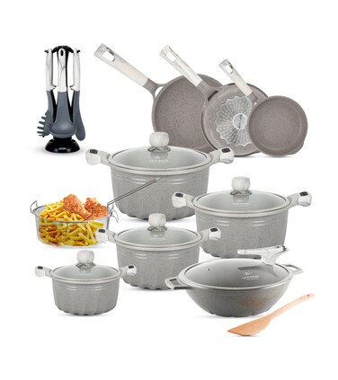 LIFE SMILE - Cookware Set Granite Non Stick 100% PFOA Free - 22 pieces Induction Base Pots and Pans Set with Lid Include Casseroles,Wok,Fry Pans,Frying Basket, Kitchen Utensils (Dark Grey)