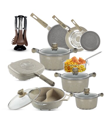 LIFE SMILE - Cookware Set Granite Non Stick 100% PFOA Free - 21 pieces Induction Pots and Pans Set Include Casseroles,Fry Pans,Hot Pot,Double Grill Pan,Frying Basket,Kitchen Utensils (Green)