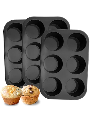 ChicAbode 6 Cups Silicone Muffin Pan, Nonstick Cupcake Pan Muffin Tin,Food Grade Silicone Baking Mold Muffin Tray for Egg Maffins, Brownie Black 3 Pack