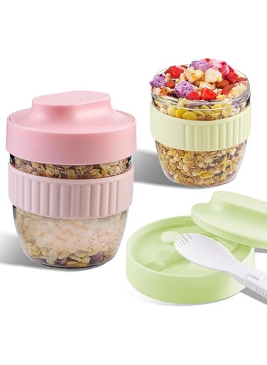 Angju 2 Pack Overnight Oats Containers with Lids and Spoons, 16 oz Plastic Portable Meal Prep jar, Leak Proof, BPA Free, On the Go Cups for Oatmeal, Yogurt, Cereal, Salad, Snacks, Milk