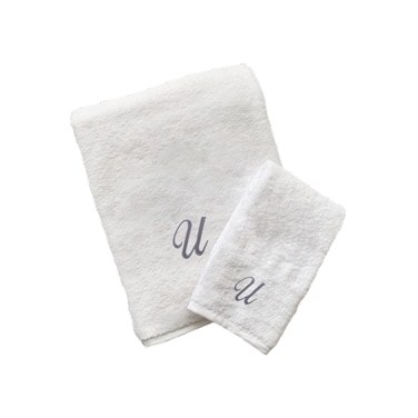 BYFT Iris Embroidered For You Hand Towel 50 x 80 Cm Bath Towel 70 x 140 Cm 600 Gsm White 100% Cotton Letter &quot;U&quot; Silver Thread Set of 02
