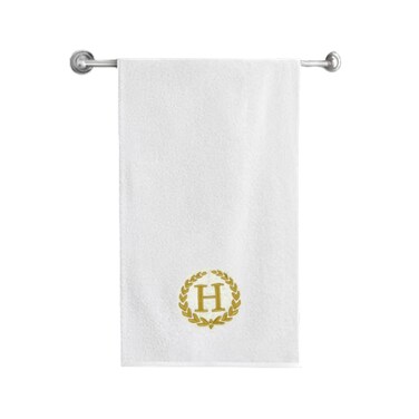 BYFT Iris Embroidered For You Bath Towel 70 x 140 Cm 600 Gsm White 100% Cotton Letter &quot;H&quot; Gold Thread Set of 01