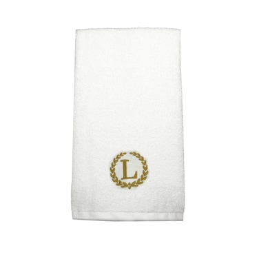 BYFT Iris Embroidered For You Hand Towel 50 x 80 Cm 600 Gsm White 100% Cotton Letter "L" Gold Thread Set of 01