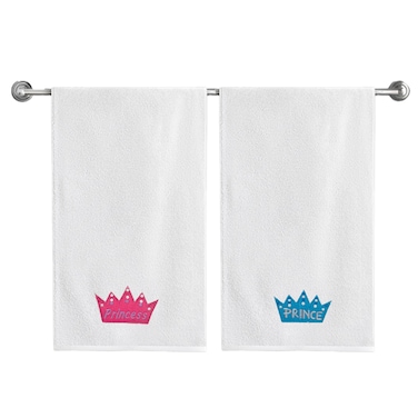 BYFT Iris Embroidered For You Bath Towel 70 x 140 Cm 600 Gsm White 100% Cotton Princess &amp; Prince Blue-Pink Thread Set of 02