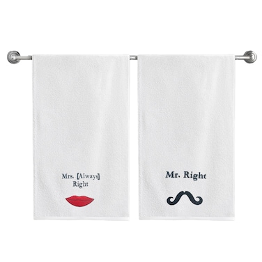 BYFT Iris Embroidered For You Bath Towel 70 x 140 Cm 600 Gsm White 100% Cotton Mrs. Always Right &amp; Mr. Right Black-Red Thread Set of 02