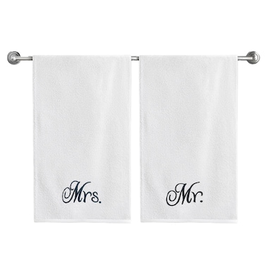BYFT Iris Embroidered For You Bath Towel 70 x 140 Cm 600 Gsm White 100% Cotton Mrs. &amp; Mr. Black Thread Set of 02