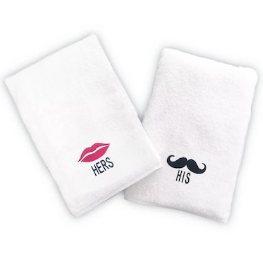 BYFT Iris Embroidered For You Hand Towel 50 x 80 Cm 600 Gsm White 100% Cotton Her Lips &amp; His Mustache Black-Pink Thread Set of 02