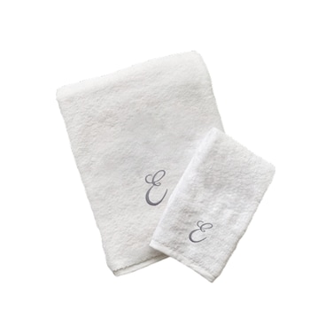 BYFT Iris Embroidered For You Hand Towel 50 x 80 Cm Bath Towel 70 x 140 Cm 600 Gsm White 100% Cotton Letter "E" Silver Thread Set of 02