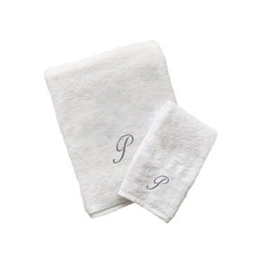 BYFT Iris Embroidered For You Hand Towel 50 x 80 Cm Bath Towel 70 x 140 Cm 600 Gsm White 100% Cotton Letter &quot;P&quot; Silver Thread Set of 02