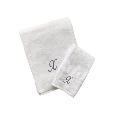 BYFT Iris Embroidered For You Hand Towel 50 x 80 Cm Bath Towel 70 x 140 Cm 600 Gsm White 100% Cotton Letter "X" Silver Thread Set of 02