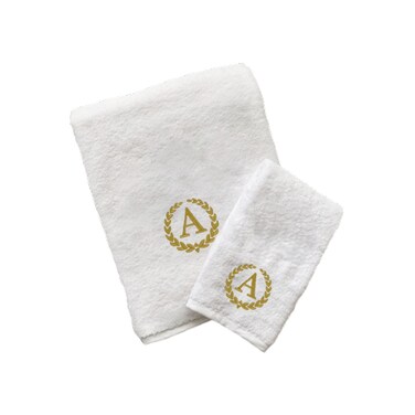 BYFT Iris Embroidered For You Hand Towel 50 x 80 Cm Bath Towel 70 x 140 Cm 600 Gsm White 100% Cotton Letter "A" Gold Thread Set of 02