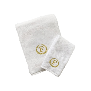 BYFT Iris Embroidered For You Hand Towel 50 x 80 Cm Bath Towel 70 x 140 Cm 600 Gsm White 100% Cotton Letter "F" Gold Thread Set of 02