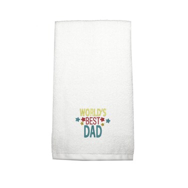 BYFT Iris Embroidered For You Hand Towel 50 x 80 Cm 600 Gsm White 100% Cotton Worlds Best Dad Blue-Red-Yellow Thread Set of 01