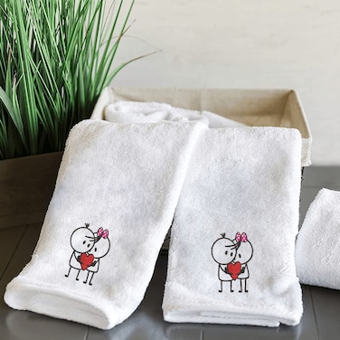 BYFT Iris Embroidered For You Hand Towel 50 x 80 Cm 600 Gsm White 100% Cotton Him &amp; Her with Heart Set of 02