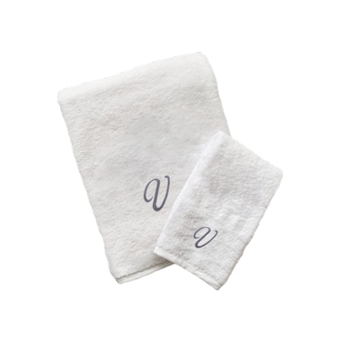 BYFT Iris Embroidered For You Hand Towel 50 x 80 Cm Bath Towel 70 x 140 Cm 600 Gsm White 100% Cotton Letter "V" Silver Thread Set of 02