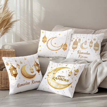BYFT Golden Ramadan Lantern and Moon Pattern Pillow Covers 45 x 45 Cm, Polyester, Set of 04 Pcs