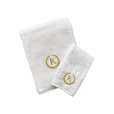BYFT Iris Embroidered For You Hand Towel 50 x 80 Cm Bath Towel 70 x 140 Cm 600 Gsm White 100% Cotton Letter "K" Gold Thread Set of 02
