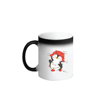 BYFT Black Printed Mug 100 % Ceramic Set of 1 (300 Ml, Penguin Entangled in String Lights)