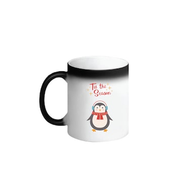 BYFT Black Printed Mug 100 % Ceramic Set of 1 (300 Ml, Tis The Season Penguin)