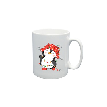 BYFT White Printed Mug 100 % Ceramic Set of 1 (300 Ml, Penguin Entangled in String Lights)