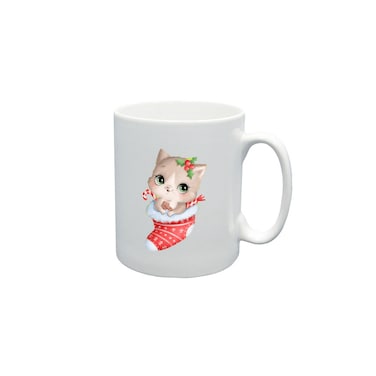 BYFT White Printed Mug 100 % Ceramic Set of 1 (300 Ml, Cat inside Christmas Stokings)