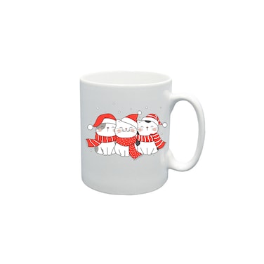BYFT White Printed Mug 100 % Ceramic Set of 1 (300 Ml, Three Cats With Scarf &amp; Christmas Cap)