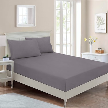 BYFT Home Design Queen 1 Fitted Sheet (160 x 200 Cm) 2 Pillow Cover (50 x 80 Cm) All Around Elastic Antracite 100% Cotton - Set of 3