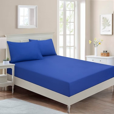 BYFT Home Design Queen Fitted Sheet (160 x 200 Cm) 2 Pillow Cover (50 x 80 Cm) All Around Elastic Blue Outermer 100% Cotton- Set of 3