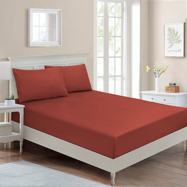 BYFT Home Design Single Fitted Sheet (90 x 200 Cm) 1 Pillow Cover (50 x 80 Cm) All Around Elastic Amarande 100% Cotton- Set of 2