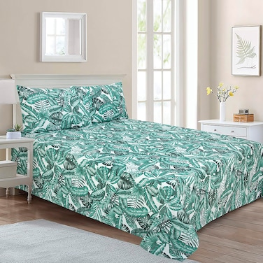 BYFT Home Design King Flat Sheet (240 x 260 Cm) 2 Pillow Cover (50 x 80 Cm) Printed Banana Palm 100% Cotton- Set of 3
