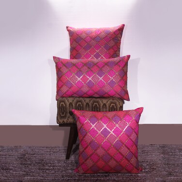 BYFT Orchard Cushion Cover 16 x 16 inch (Diagonal Checks Design - Fuchsia Pink) 40 x 40 cm Luxury Decorative Cushion Cover for Sofa, Bed &amp; Living Room- Set of 2 without inserts