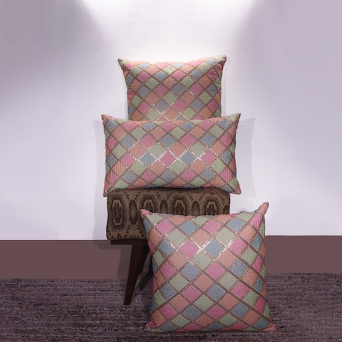 BYFT Orchard Cushion Cover 18 x 18 inch (Diagonal Checks Design - Cream) 45 x 45 cm Luxury Decorative Cushion Cover for Sofa, Bed &amp; Living Room- Set of 2 without inserts