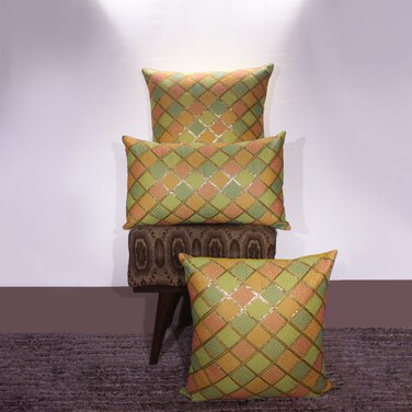 BYFT Orchard Cushion Cover 18 x 18 inch (Diagonal Checks Design - Yellow) 45 x 45 cm Luxury Decorative Cushion Cover for Sofa, Bed &amp; Living Room- Set of 2 without inserts