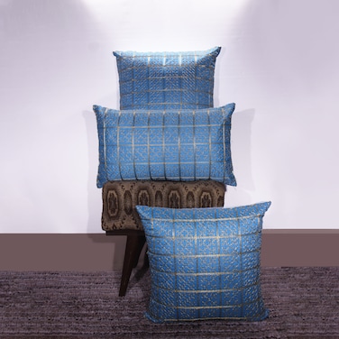 BYFT Orchard Cushion Cover 18 x 18 inch (Golden Checks Design - Blue) 45 x 45 cm Luxury Decorative Cushion Cover for Sofa, Bed &amp; Living Room- Set of 2 without inserts