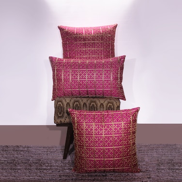 BYFT Orchard Cushion Cover 18 x 18 inch (Golden Checks Design - Fuchsia Pink) 45 x 45 cm Luxury Decorative Cushion Cover for Sofa, Bed &amp; Living Room- Set of 2 without inserts