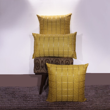 BYFT Orchard Cushion Cover 18 x 18 inch (Golden Checks Design - Yellow) 45 x 45 cm Luxury Decorative Cushion Cover for Sofa, Bed &amp; Living Room- Set of 2 without inserts