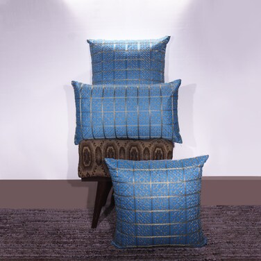 BYFT Orchard Cushion Cover 12 x 20 inch (Golden Checks Design - Blue) 30 x 50 cm Luxury Decorative Cushion Cover for Sofa, Bed &amp; Living Room- Set of 2 without inserts
