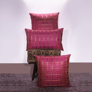 BYFT Orchard Cushion Cover 12 x 20 inch (Golden Checks Design - Fuchsia Pink) 30 x 50 cm Luxury Decorative Cushion Cover for Sofa, Bed &amp; Living Room- Set of 2 without inserts