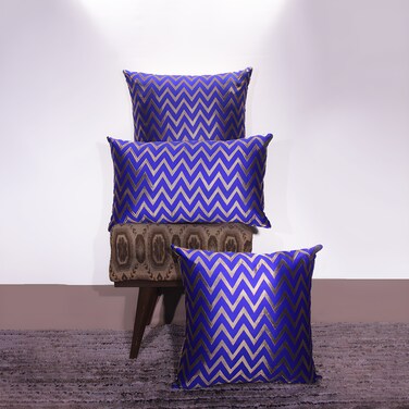 BYFT Orchard Cushion Cover 12 x 20 inch (Zig Zag Design - Royal Blue) 30 x 50 cm Luxury Decorative Cushion Cover for Sofa, Bed &amp; Living Room- Set of 2 without inserts