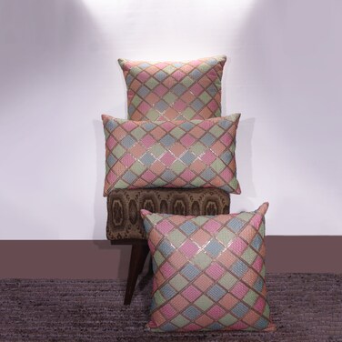 BYFT Orchard Cushion Cover 18 x 18 inch (Diagonal Checks Design - Cream) 45 x 45 cm Luxury Decorative Cushion Cover for Sofa, Bed &amp; Living Room- Set of 2 with inserts