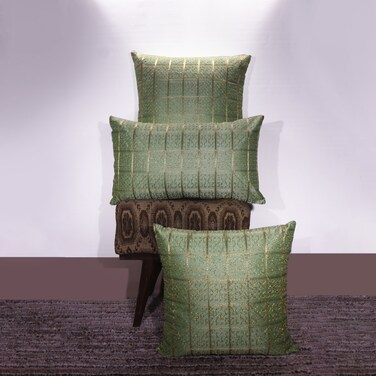 BYFT Orchard Cushion Cover 12 x 20 inch (Golden Checks Design - Green) 30 x 50 cm Luxury Decorative Cushion Cover for Sofa, Bed &amp; Living Room- Set of 2 with inserts