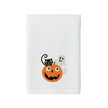 BYFT Iris Embroidered For You Hand Towel 50 x 80 Cm 600 Gsm White 100% Cotton Halloween Pumkin, Cat &amp; Ghost Set of 01