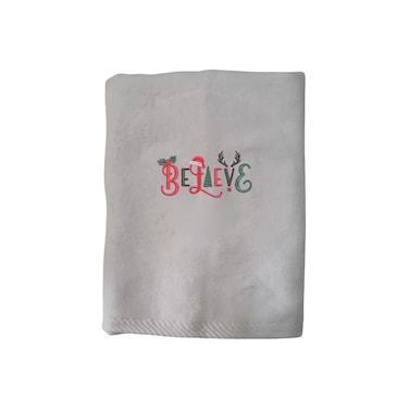 BYFT Iris Christmas Embroidered 50 x 80 Cm White Hand Towel - "Believe Christmas Ornaments" Design 100% Cotton - Premium Holiday Collection
