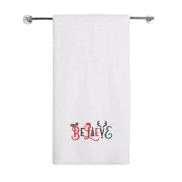 BYFT Iris Christmas Embroidered 70 x 140 Cm White Bath Towel - "Believe Christmas Ornaments" Design 100% Cotton - Premium Holiday Collection