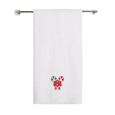 BYFT Iris Christmas Embroidered 70 x 140 Cm White Bath Towel - "Christmas Candy Canes with Bow" Design 100% Cotton - Premium Holiday Collection